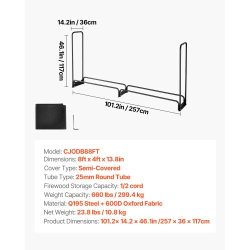 Vedställ med vattentätt lock, 2,57 m vedhållare för utomhusbruk, metallvedhållare med 1/2 snöre, maxvikt 299 kg, topplock, pulverlackerat vedställ för öppen spis |  EU