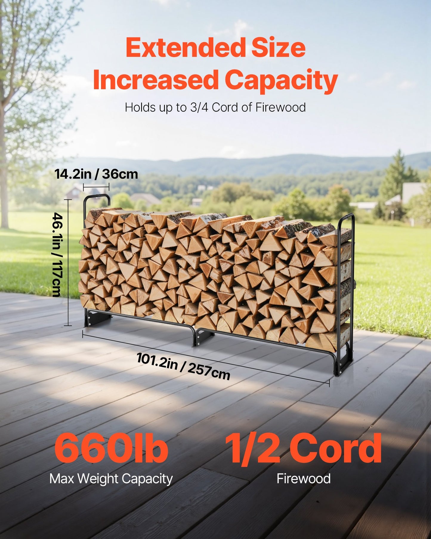 Firewood Rack with Waterproof Cover, 8 ft Outdoor Firewood Holder, 1/2 Cord Storage Metal Log Holder, 660lb Max Weight Capacity, Top Covered, Powder-Coated Wood Storage Rack for Fireplace Deck