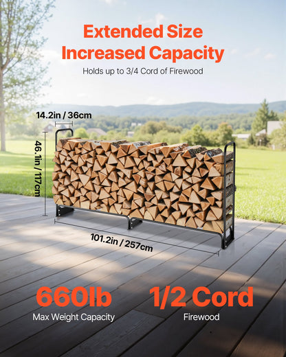 Firewood Rack with Waterproof Cover, 8 ft Outdoor Firewood Holder, 1/2 Cord Storage Metal Log Holder, 660lb Max Weight Capacity, Top Covered, Powder-Coated Wood Storage Rack for Fireplace Deck
