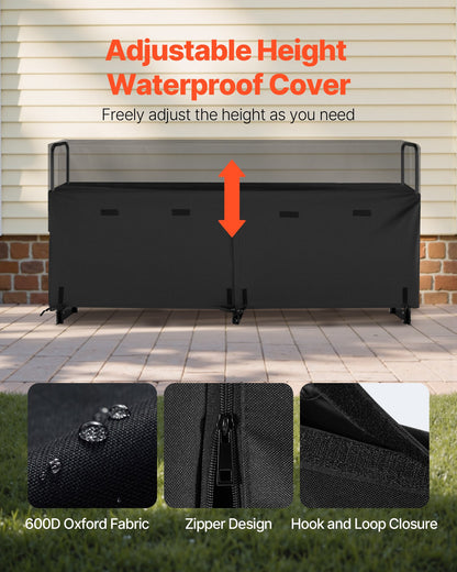 Firewood Rack with Waterproof Cover, 8 ft Outdoor Firewood Holder, 1/2 Cord Storage Metal Log Holder, 660lb Max Weight Capacity, Top Covered, Powder-Coated Wood Storage Rack for Fireplace Deck