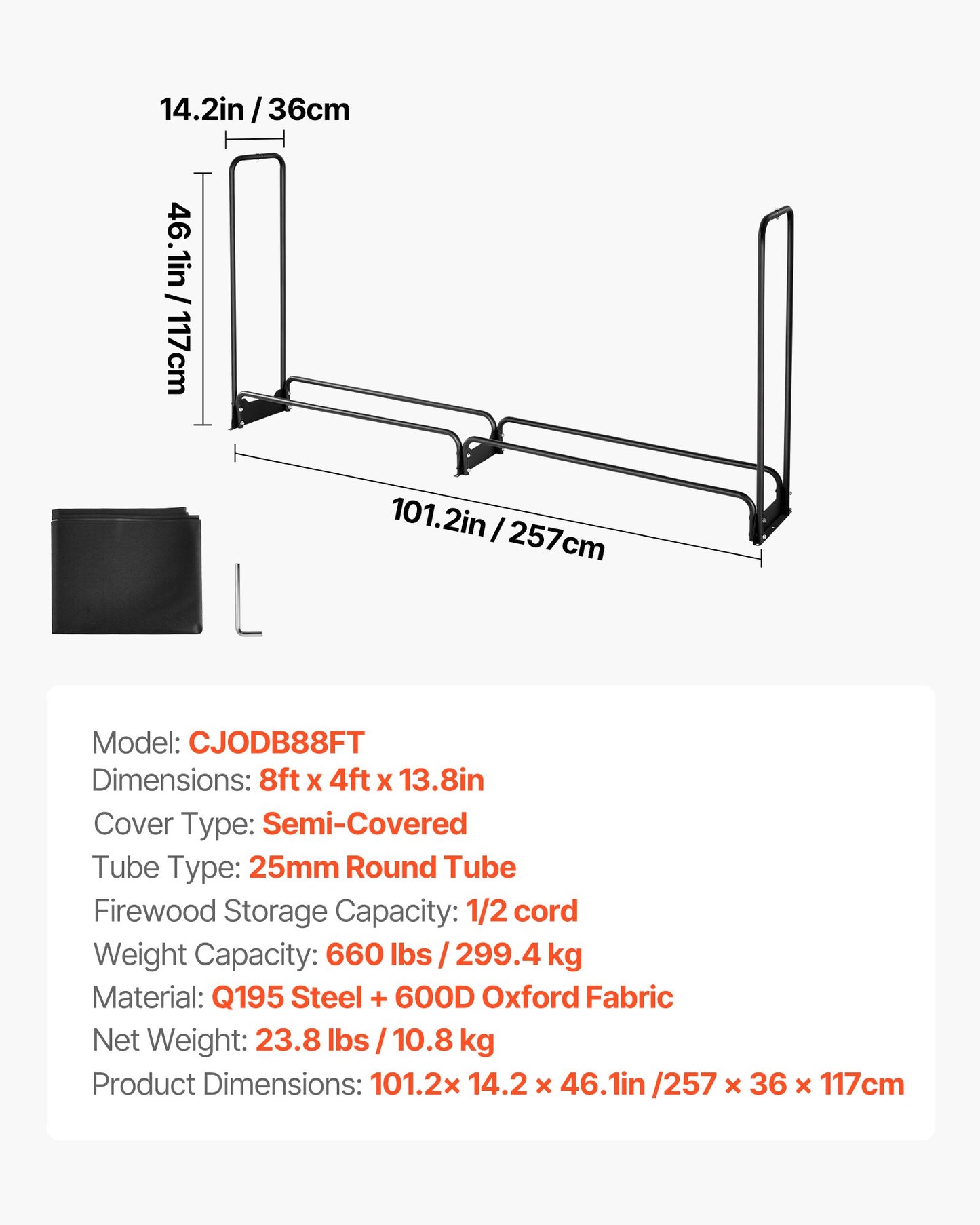 Firewood Rack with Waterproof Cover, 8 ft Outdoor Firewood Holder, 1/2 Cord Storage Metal Log Holder, 660lb Max Weight Capacity, Top Covered, Powder-Coated Wood Storage Rack for Fireplace Deck