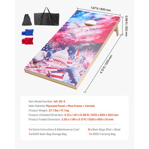 4x60 cm Cornhole Set Portable Wooden Cornhole Game with 8 Bean Bags