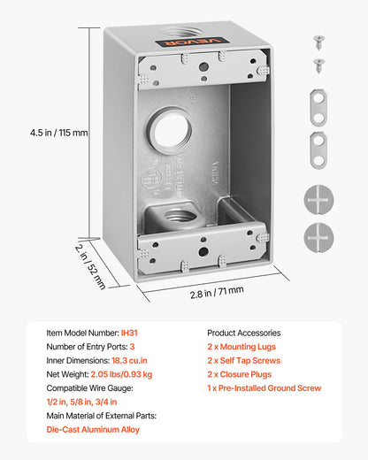 Outdoor Electrical Box, 4.5 x 2.8 x 2 in, Weatherproof Outlet Junction Box, Suitable 1/2-Inch or 3/4-Inch Electrical Conduit, 18.3 Cu.In Large Capacity Plug Receptacle Protector, 4PCS, Gray