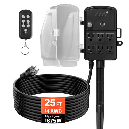 Outdoor Power Stake, 25FT Extension Cord, Outdoor Power Strip Weatherproof with Cover, Remote Control Dusk to Dawn Light Timer Waterproof, 6 Outlets, 1875W/15A, for Christmas Lights, Garden