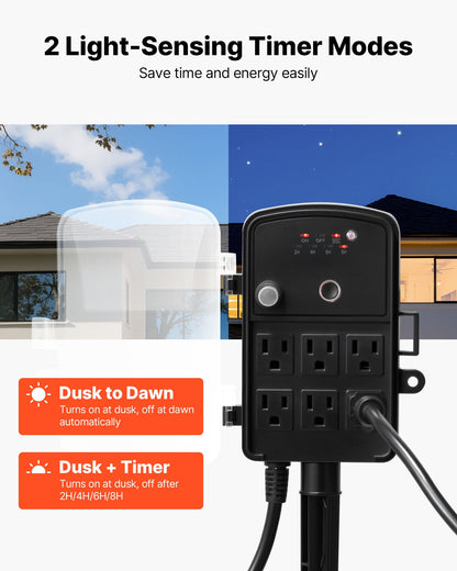 Outdoor Power Stake, 25FT Extension Cord, Outdoor Power Strip Weatherproof with Cover, Remote Control Dusk to Dawn Light Timer Waterproof, 6 Outlets, 1875W/15A, for Christmas Lights, Garden