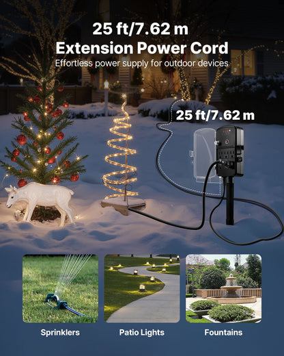 Outdoor Power Stake, 25FT Extension Cord, Outdoor Power Strip Weatherproof with Cover, Remote Control Dusk to Dawn Light Timer Waterproof, 6 Outlets, 1875W/15A, for Christmas Lights, Garden