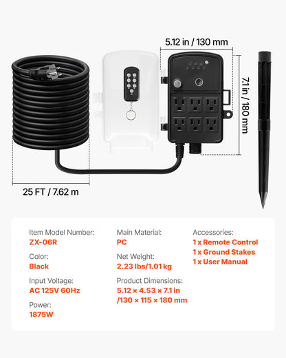 Outdoor Power Stake, 25FT Extension Cord, Outdoor Power Strip Weatherproof with Cover, Remote Control Dusk to Dawn Light Timer Waterproof, 6 Outlets, 1875W/15A, for Christmas Lights, Garden