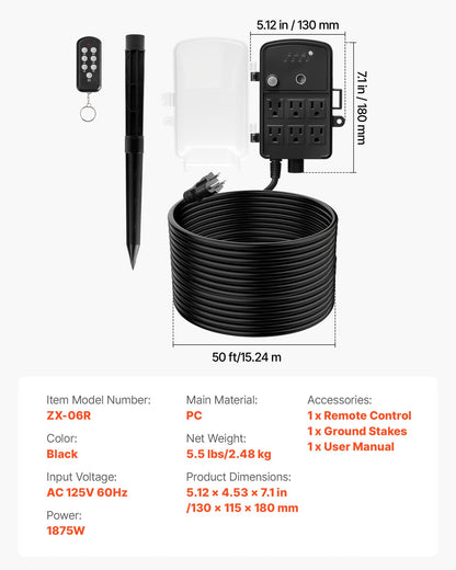 Outdoor Power Stake, 50FT Extension Cord, Outdoor Power Strip Weatherproof with Cover, Remote Control Dusk to Dawn Light Timer Waterproof, 6 Outlets, 1875W/15A, for Christmas Lights, Garden