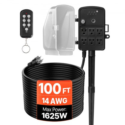 Outdoor Power Stake, 100FT Extension Cord, Outdoor Power Strip Weatherproof with Cover, Remote Control Dusk to Dawn Light Timer Waterproof, 6 Outlets, 1625W/13A, for Christmas Lights, Garden