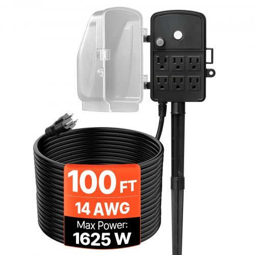 Outdoor Power Stake, 100 FT Extension Cord, Outdoor Power Strip Weatherproof with Cover and Overload Protection, 6 Outlets, 13A/1625W, Waterproof Multi-Outlet Yard Stake for Christmas Lights