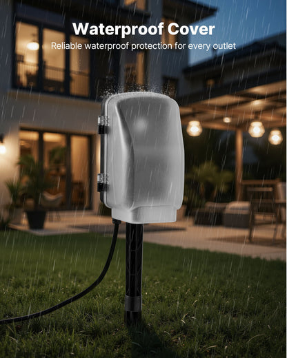 Outdoor Power Stake, 100 FT Extension Cord, Outdoor Power Strip Weatherproof with Cover and Overload Protection, 6 Outlets, 13A/1625W, Waterproof Multi-Outlet Yard Stake for Christmas Lights