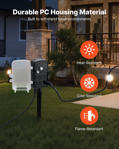 Outdoor Power Stake, 100 FT Extension Cord, Outdoor Power Strip Weatherproof with Cover and Overload Protection, 6 Outlets, 13A/1625W, Waterproof Multi-Outlet Yard Stake for Christmas Lights