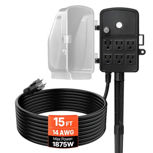 Outdoor Power Stake, 15 FT Extension Cord, Outdoor Power Strip Weatherproof with Cover and Overload Protection, 6 Outlets, 15A/1875W, Waterproof Multi-Outlet Yard Stake for Christmas Lights
