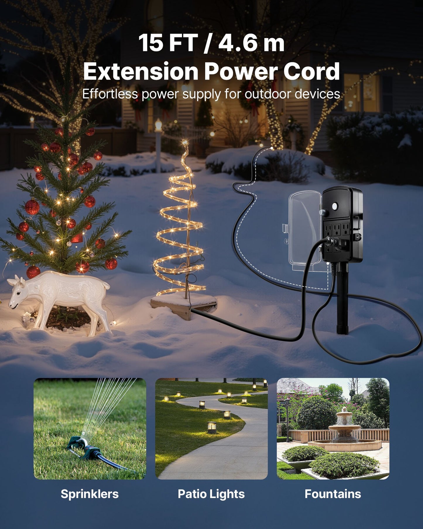 Outdoor Power Stake, 15 FT Extension Cord, Outdoor Power Strip Weatherproof with Cover and Overload Protection, 6 Outlets, 15A/1875W, Waterproof Multi-Outlet Yard Stake for Christmas Lights