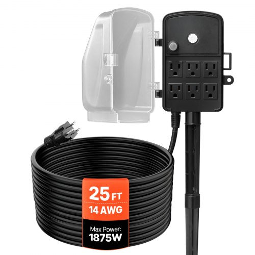 Outdoor Power Stake, 25 FT Extension Cord, Outdoor Power Strip Weatherproof with Cover and Overload Protection, 6 Outlets, 15A/1875W, Waterproof Multi-Outlet Yard Stake for Christmas Lights