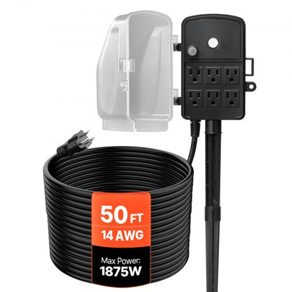 Outdoor Power Stake, 50 FT Extension Cord, Outdoor Power Strip Weatherproof with Cover and Overload Protection, 6 Outlets, 15A/1875W, Waterproof Multi-Outlet Yard Stake for Christmas Lights
