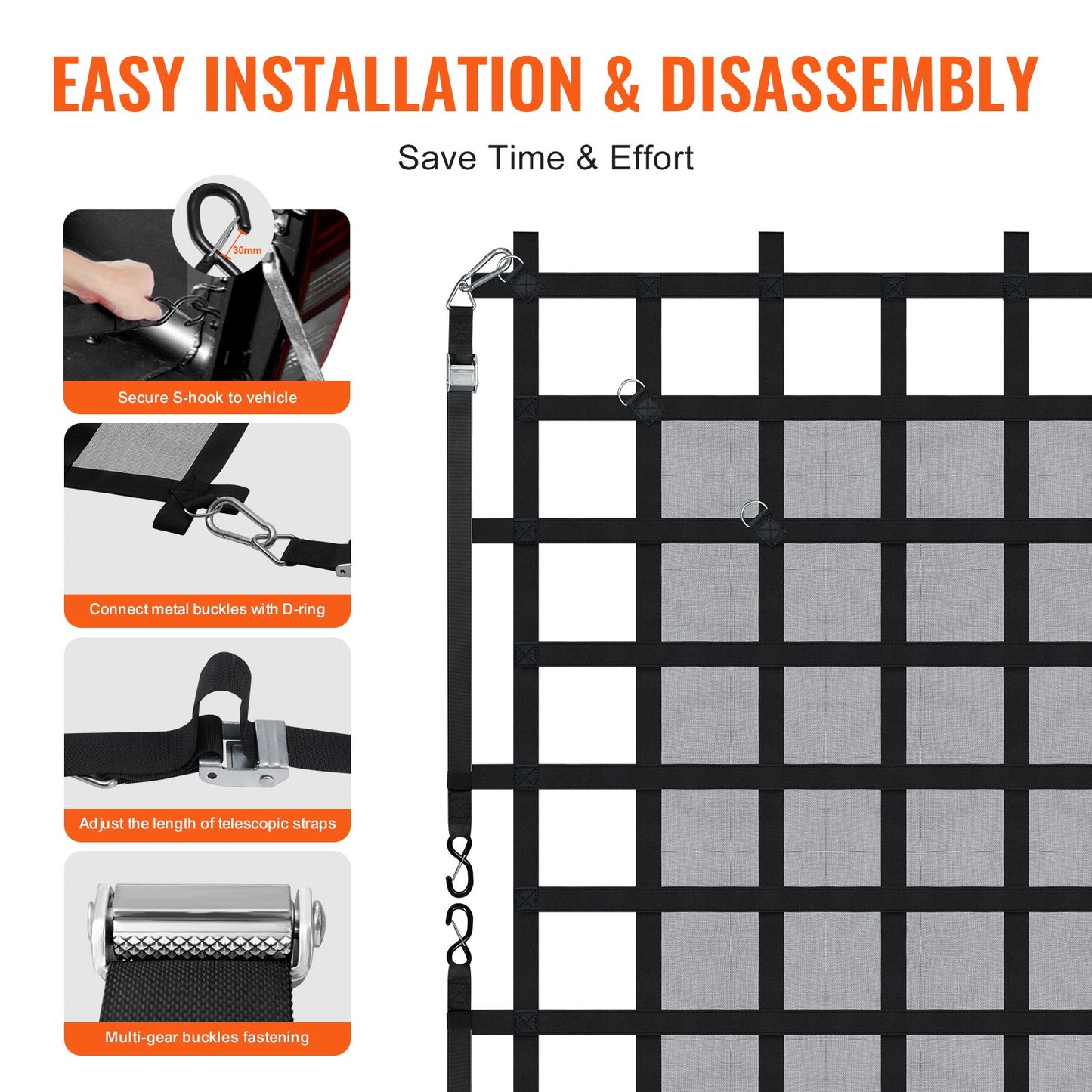 Cargo Net, 72 in x 57 in, Heavy Duty Truck Cargo Net for Truck Bed, 4 Adjustable Straps with Carabiners & S-Hooks, Wear-resistant & Weather-proof, Suitable for Pickup, Truck, Jeep, SUV, Boat