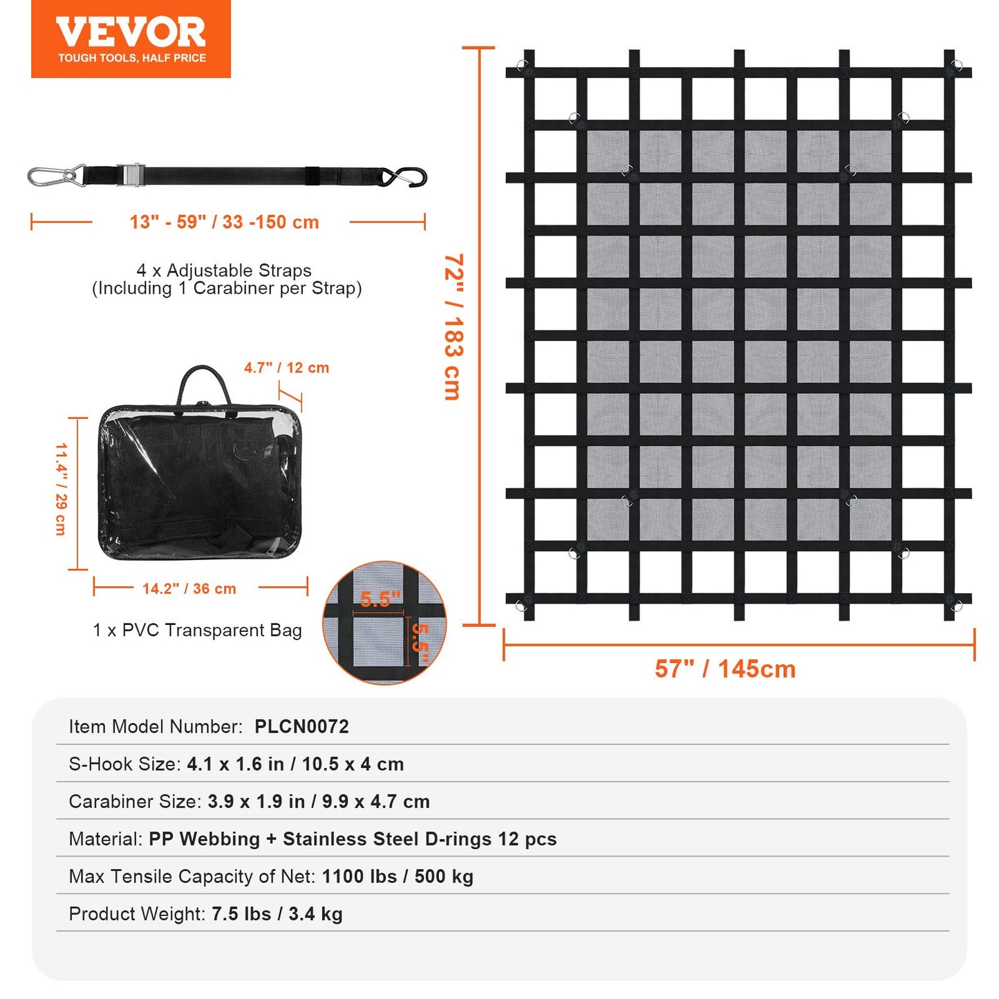 Cargo Net, 72 in x 57 in, Heavy Duty Truck Cargo Net for Truck Bed, 4 Adjustable Straps with Carabiners & S-Hooks, Wear-resistant & Weather-proof, Suitable for Pickup, Truck, Jeep, SUV, Boat
