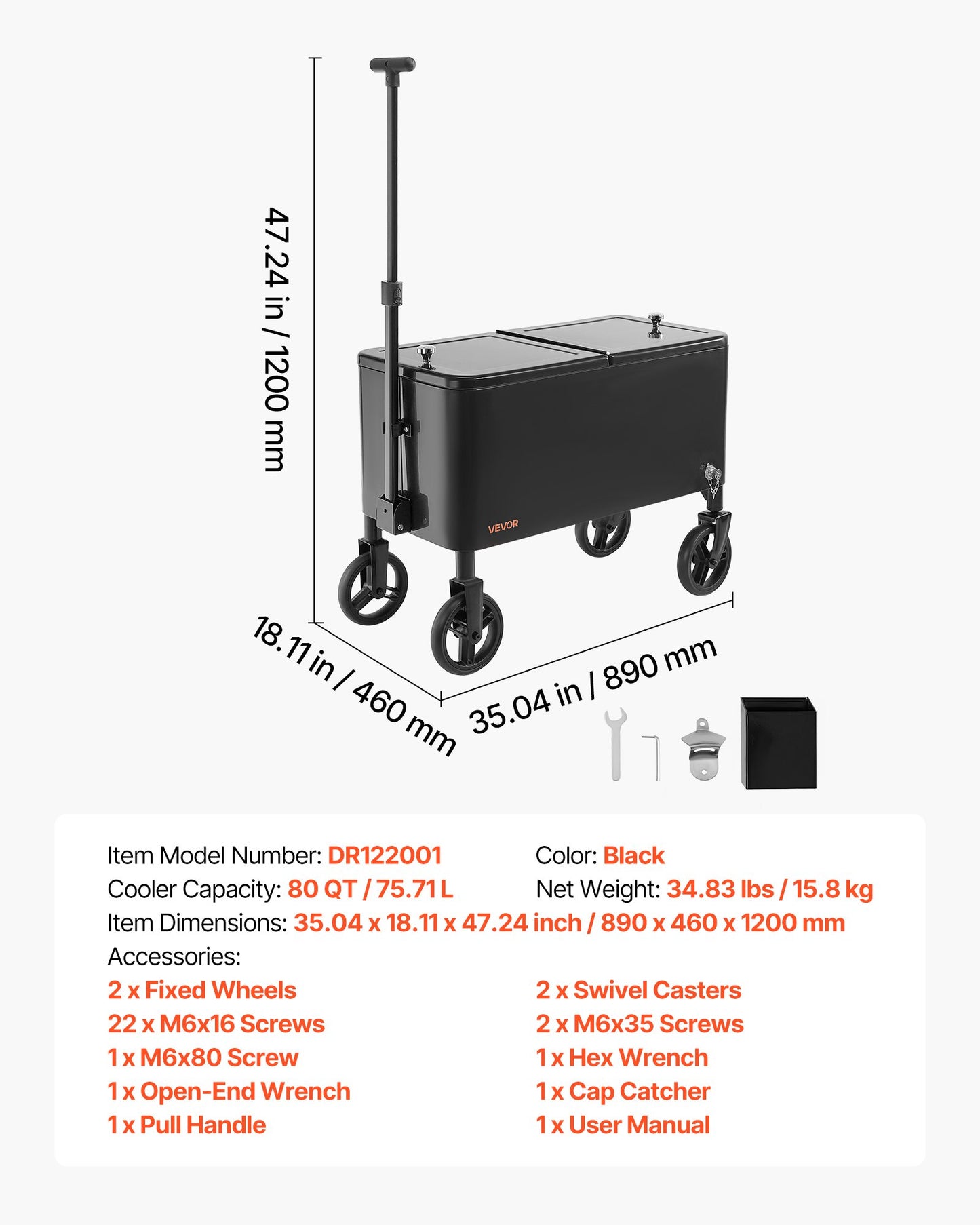 80 Quart Rolling Ice Chest Cart, with 2-Stage Telescopic Pull Handle and 2 Swivel Casters, Portable Table Beach Patio Party Bar Cold Drink Beverage, Outdoor Park Cart on Wheels, Black