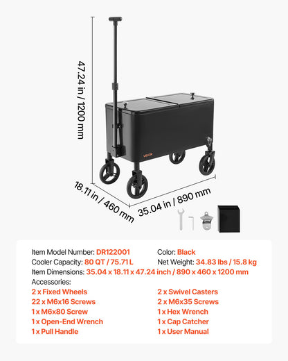 80 Quart Rolling Ice Chest Cart, with 2-Stage Telescopic Pull Handle and 2 Swivel Casters, Portable Table Beach Patio Party Bar Cold Drink Beverage, Outdoor Park Cart on Wheels, Black