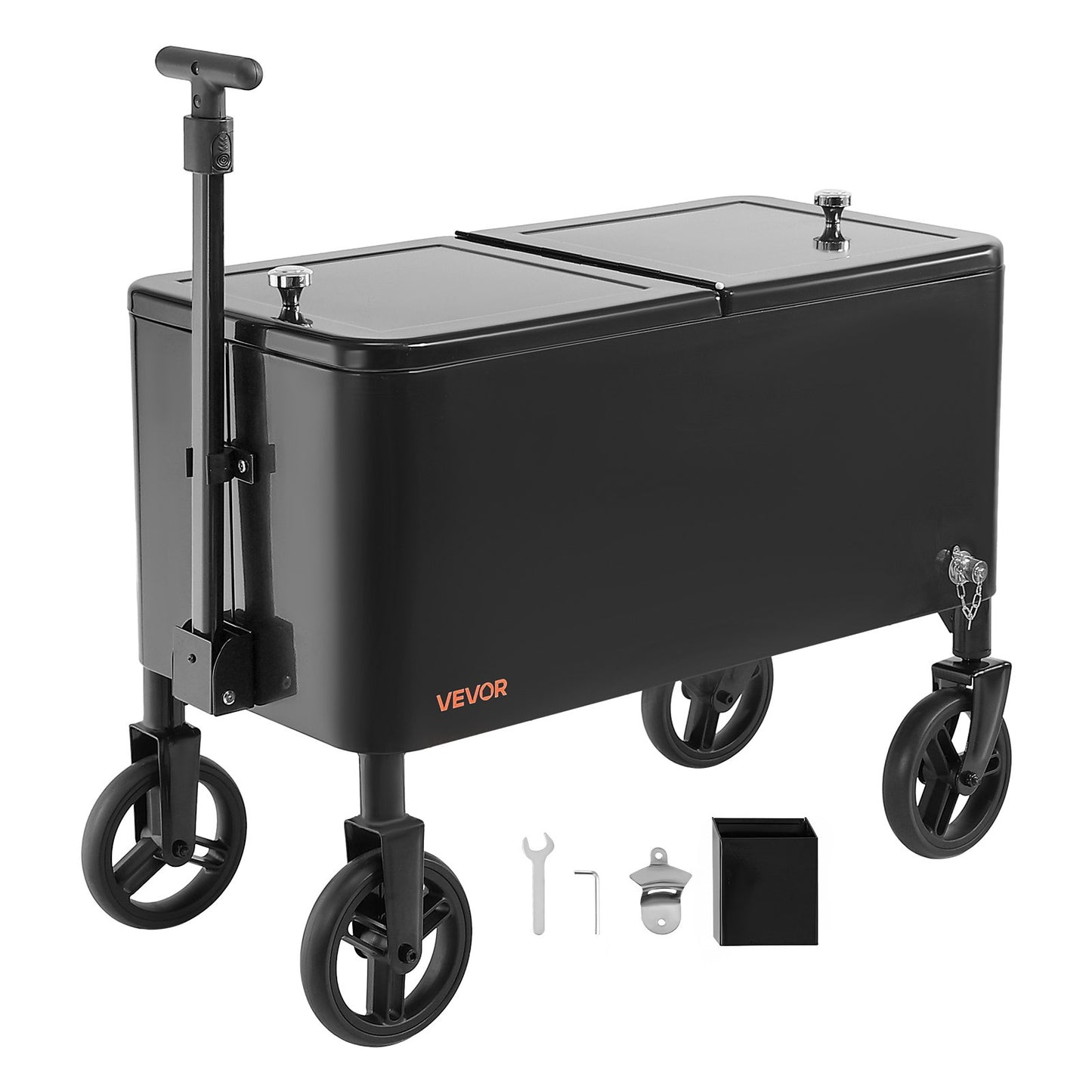 80 Quart Rolling Ice Chest Cart, with 2-Stage Telescopic Pull Handle and 2 Swivel Casters, Portable Table Beach Patio Party Bar Cold Drink Beverage, Outdoor Park Cart on Wheels, Black