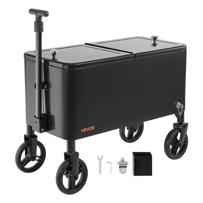 80 Quart Rolling Ice Chest Cart, with 2-Stage Telescopic Pull Handle and 2 Swivel Casters, Portable Table Beach Patio Party Bar Cold Drink Beverage, Outdoor Park Cart on Wheels, Black