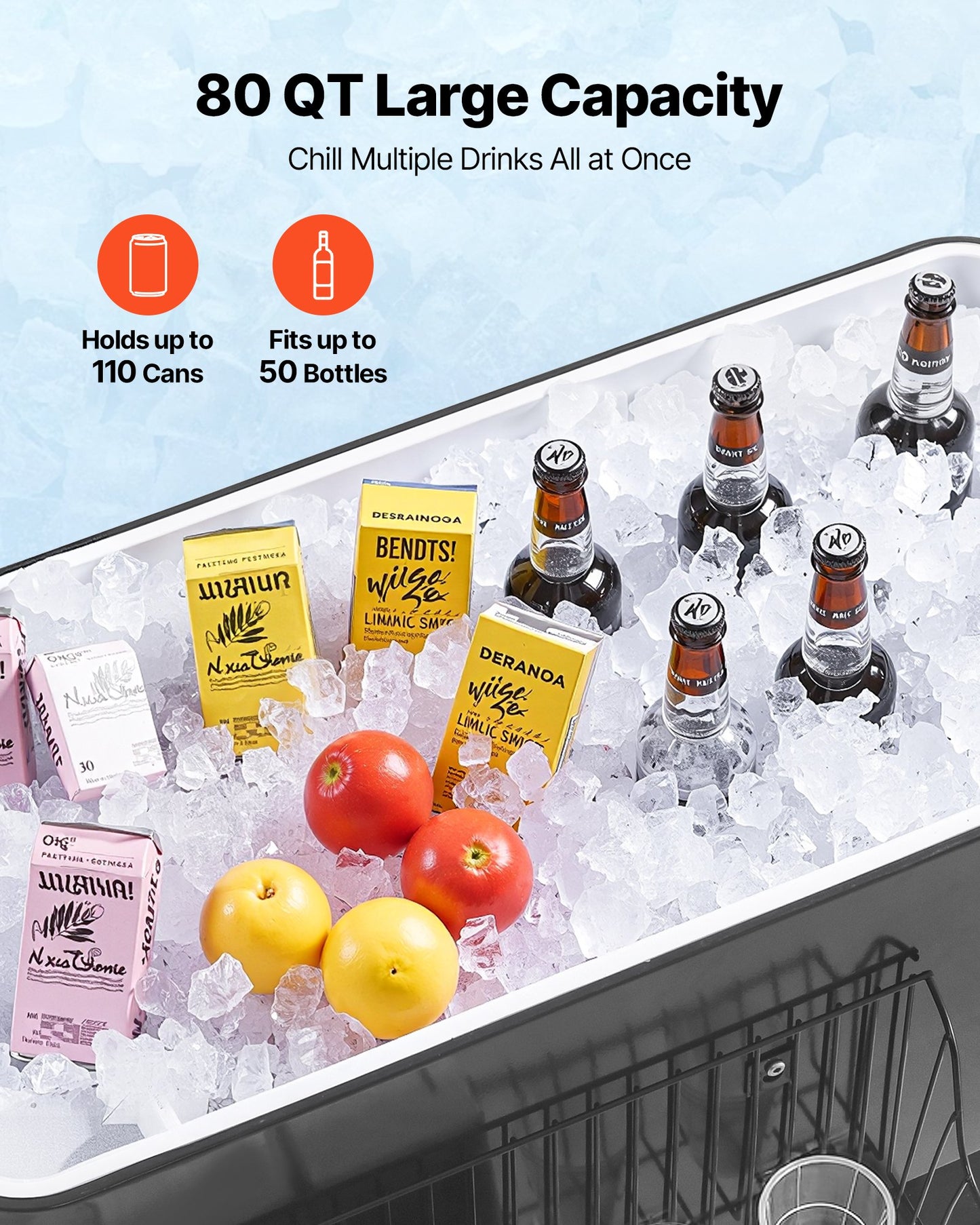 80 Quart Rolling Ice Chest, Holds up to 50 Bottles / 110 Cans, Portable Patio Party Bar Drink Cooler Cart with Bottom Shelf, Beverage Pool with Side Basket and Bottle Opener, Black