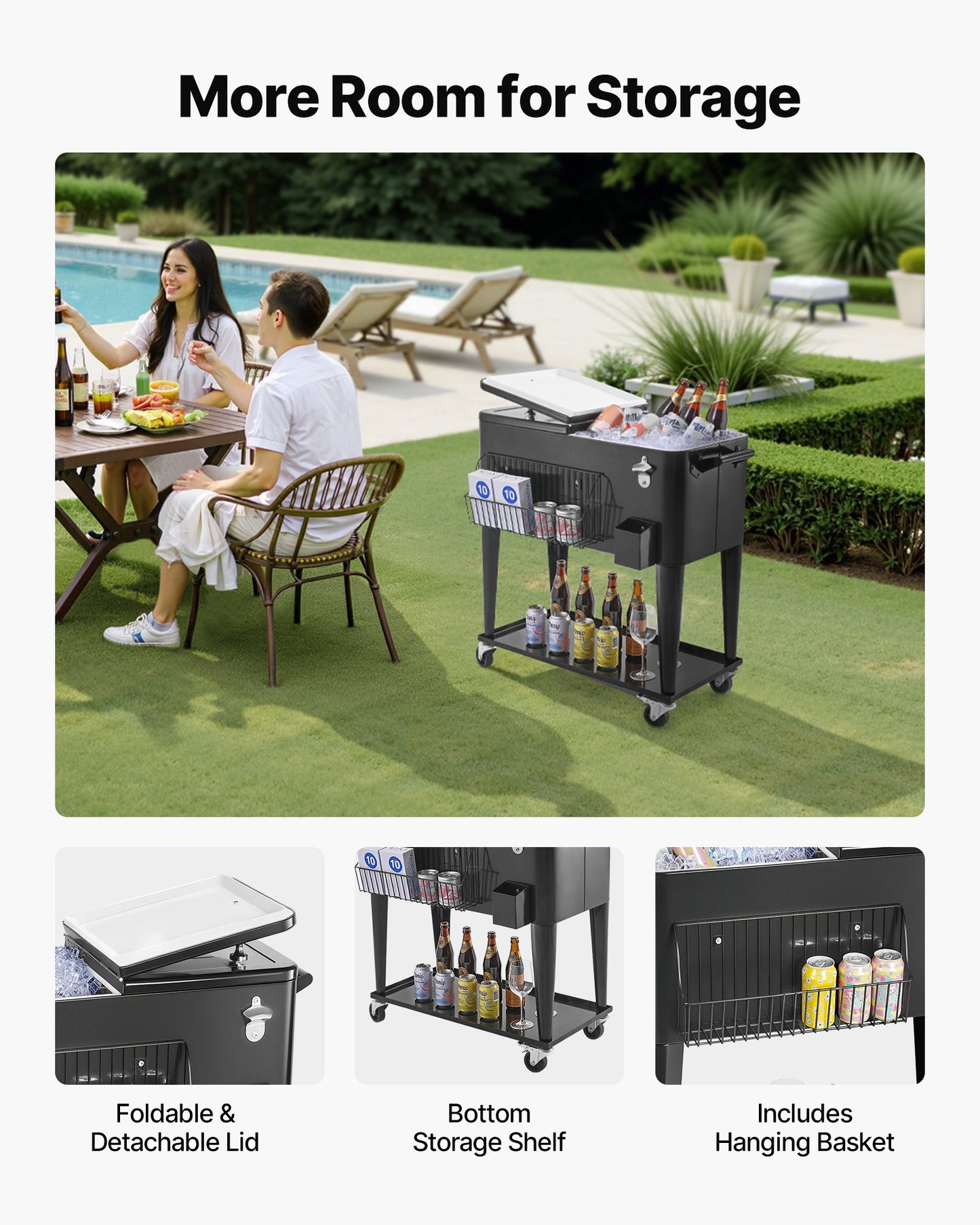 80 Quart Rolling Ice Chest, Holds up to 50 Bottles / 110 Cans, Portable Patio Party Bar Drink Cooler Cart with Bottom Shelf, Beverage Pool with Side Basket and Bottle Opener, Black