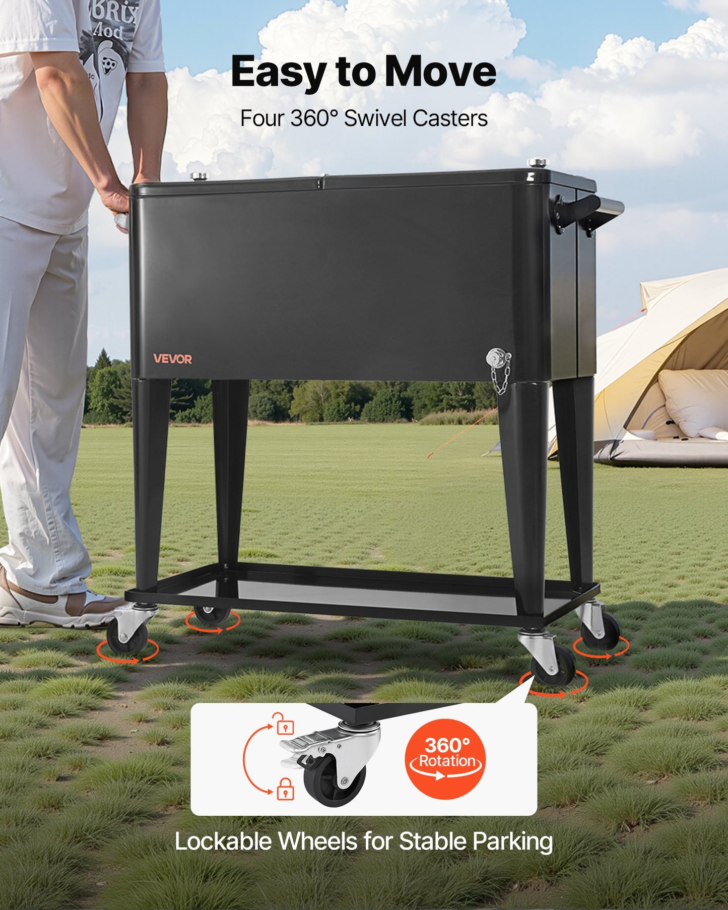 80 Quart Rolling Ice Chest, Holds up to 50 Bottles / 110 Cans, Portable Patio Party Bar Drink Cooler Cart with Bottom Shelf, Beverage Pool with Side Basket and Bottle Opener, Black