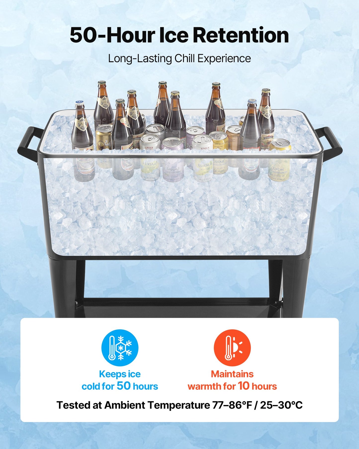 80 Quart Rolling Ice Chest, Holds up to 50 Bottles / 110 Cans, Portable Patio Party Bar Drink Cooler Cart with Bottom Shelf, Beverage Pool with Side Basket and Bottle Opener, Black