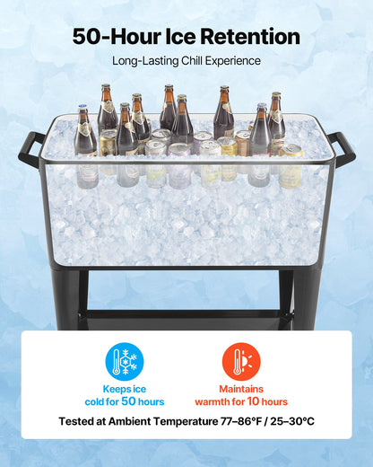 80 Quart Rolling Ice Chest, Holds up to 50 Bottles / 110 Cans, Portable Patio Party Bar Drink Cooler Cart with Bottom Shelf, Beverage Pool with Side Basket and Bottle Opener, Black