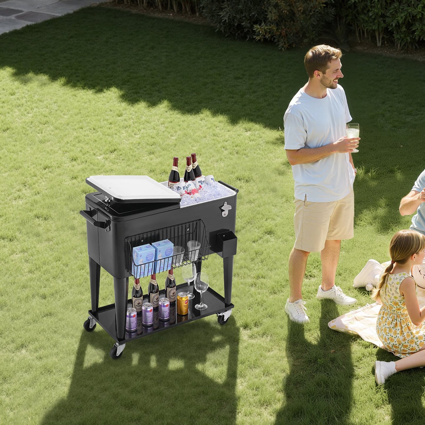 80 Quart Rolling Ice Chest, Holds up to 50 Bottles / 110 Cans, Portable Patio Party Bar Drink Cooler Cart with Bottom Shelf, Beverage Pool with Side Basket and Bottle Opener, Black
