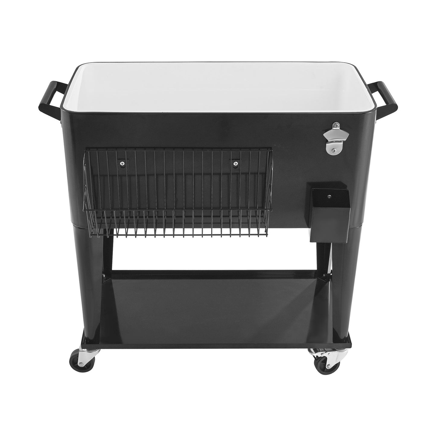 80 Quart Rolling Ice Chest, Holds up to 50 Bottles / 110 Cans, Portable Patio Party Bar Drink Cooler Cart with Bottom Shelf, Beverage Pool with Side Basket and Bottle Opener, Black