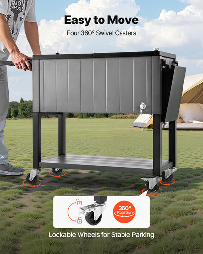 80QT Rolling Ice Chest, Holds up to 50 Bottles / 110 Cans, Portable Patio Party Bar Drink Cooler Cart with Bottom Shelf & Foldable Side Shelves, Beverage Pool with Swivel Wheels & Bottle Opener