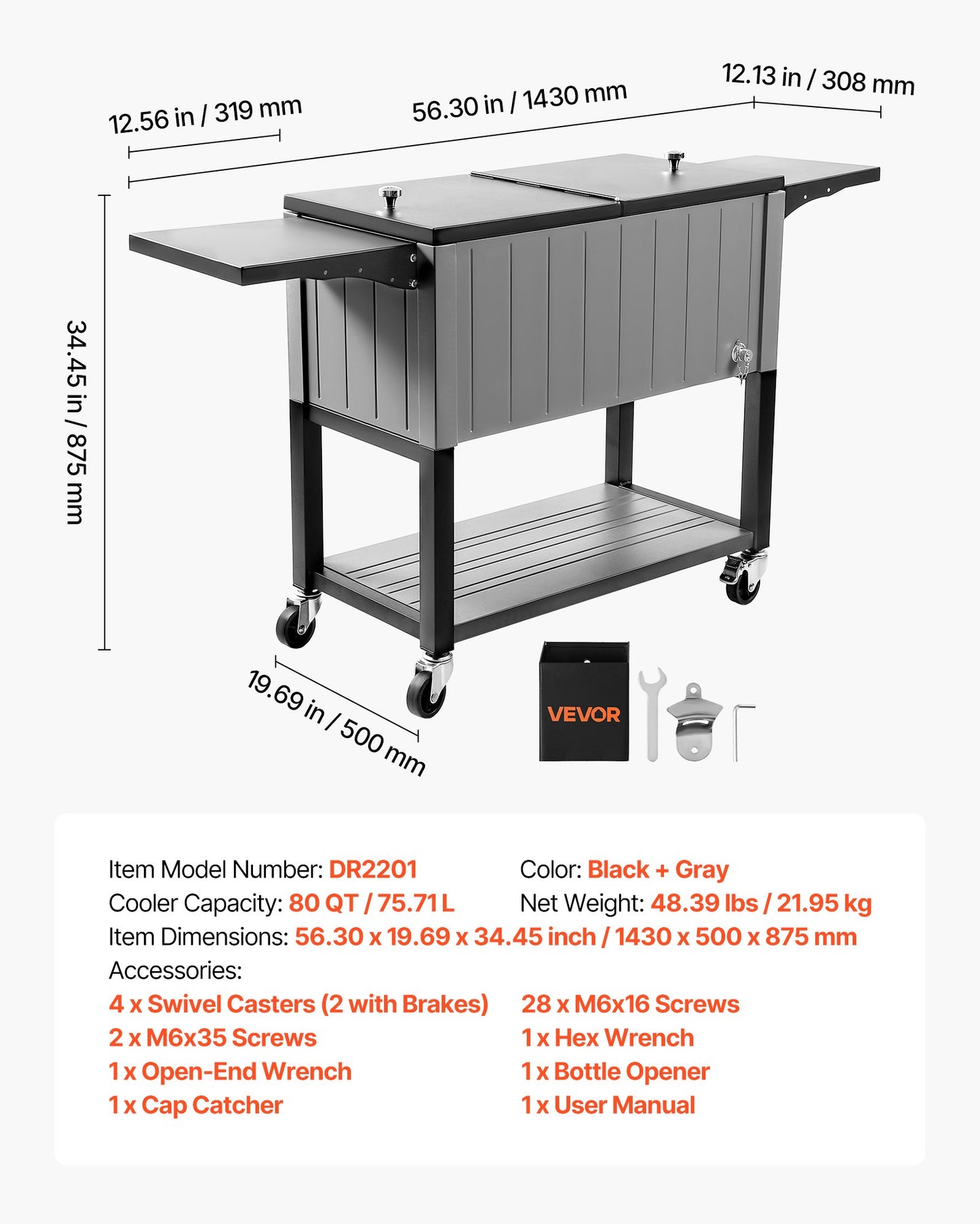 80QT Rolling Ice Chest, Holds up to 50 Bottles / 110 Cans, Portable Patio Party Bar Drink Cooler Cart with Bottom Shelf & Foldable Side Shelves, Beverage Pool with Swivel Wheels & Bottle Opener