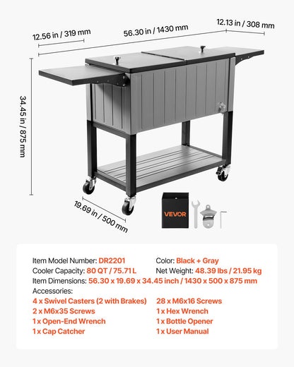 80QT Rolling Ice Chest, Holds up to 50 Bottles / 110 Cans, Portable Patio Party Bar Drink Cooler Cart with Bottom Shelf & Foldable Side Shelves, Beverage Pool with Swivel Wheels & Bottle Opener
