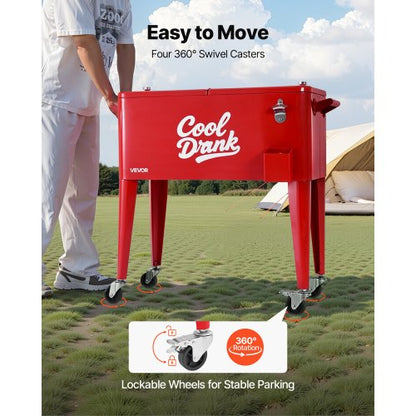 75,71 L rullande kylbox, rymmer upp till 50 flaskor / 110 burkar, bärbar kylvagn för uteplats, fest och bar med 4 svängbara hjul (2 med bromsar), kylvagn för dryck med flasköppnare, röd |  EU