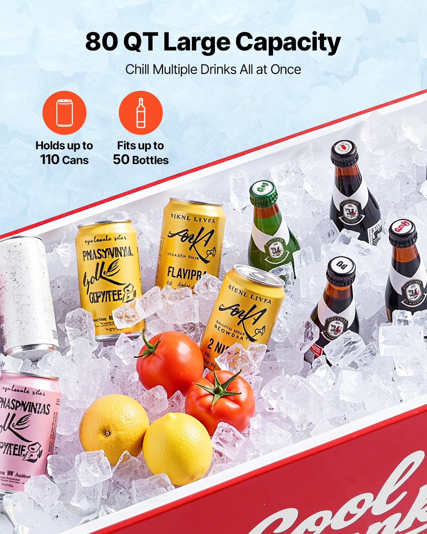 80 Quart Rolling Ice Chest, Holds up to 50 Bottles / 110 Cans, Portable Patio Party Bar Drink Cooler Cart with 4 Swivel Casters (2 with Brakes), Beverage Cooler Trolley with Bottle Opener, Red