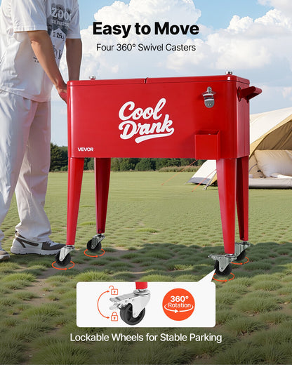 80 Quart Rolling Ice Chest, Holds up to 50 Bottles / 110 Cans, Portable Patio Party Bar Drink Cooler Cart with 4 Swivel Casters (2 with Brakes), Beverage Cooler Trolley with Bottle Opener, Red
