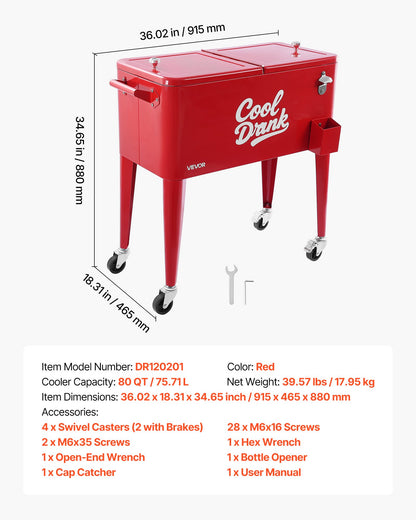 80 Quart Rolling Ice Chest, Holds up to 50 Bottles / 110 Cans, Portable Patio Party Bar Drink Cooler Cart with 4 Swivel Casters (2 with Brakes), Beverage Cooler Trolley with Bottle Opener, Red