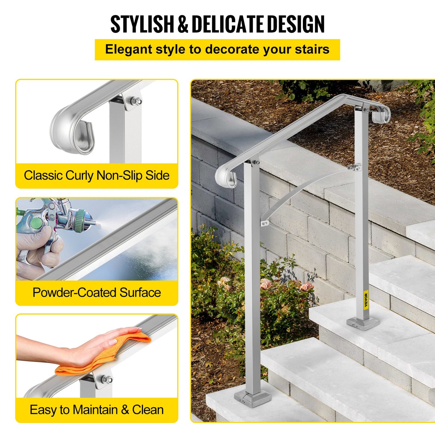 Outdoor Stair Railing, Fit 2 or 3 Steps Alloy Metal Handrailing, Front Porch Flexible Transitional Handrail, Arch Step Rail with Installation Kit, for Concrete or Wooden Stairs, Silver