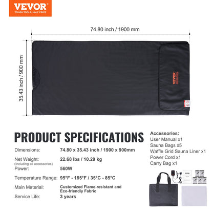 Sauna Blanket for Detoxification, Portable Far Infrared Sauna for Home, PU Sauna Bag w/ Therapy Stones & Carbon Fiber Heating, 1-6 Level Adjustable Temp 95-185℉, 1-60 Minutes Timer, 75 x 35in