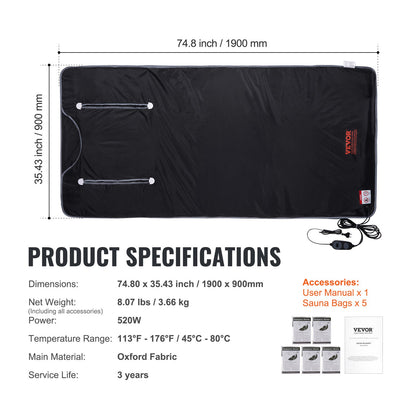 Saunadecke Ferninfrarotheizung mit Armlöchern für Detox Oxford 75x35in