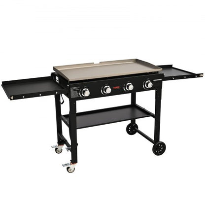 Commercial Griddle on Cart, 36" Heavy Duty Manual Flat Top Griddle, Outdoor Cooking Station with Side Shelves, Steel Propane Gas Griddle, 4-Burners Restaurant Portable Tested toStandards
