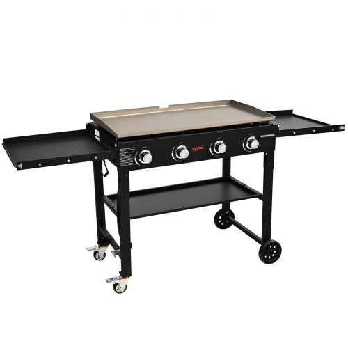Commercial Griddle on Cart, 36" Heavy Duty Manual Flat Top Griddle, Outdoor Cooking Station with Side Shelves, Steel Propane Gas Griddle, 4-Burners Restaurant Portable Tested toStandards