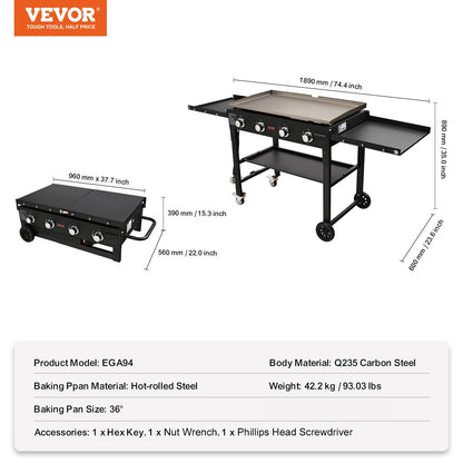 Commercial Griddle on Cart, 36" Heavy Duty Manual Flat Top Griddle, Outdoor Cooking Station with Side Shelves, Steel Propane Gas Griddle, 4-Burners Restaurant Portable Tested toStandards