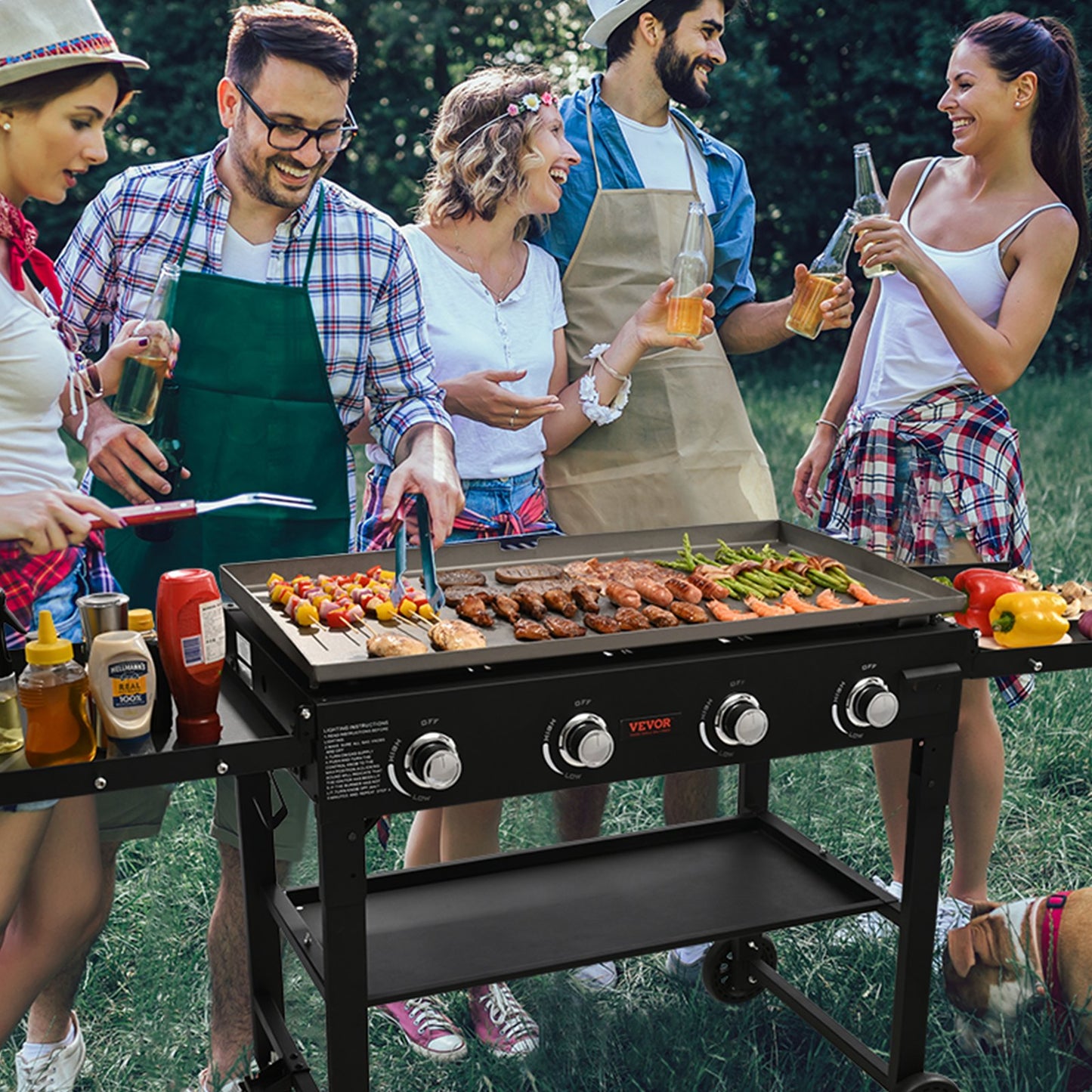 Commercial Griddle on Cart, 36" Heavy Duty Manual Flat Top Griddle, Outdoor Cooking Station with Side Shelves, Steel Propane Gas Griddle, 4-Burners Restaurant Portable Tested toStandards