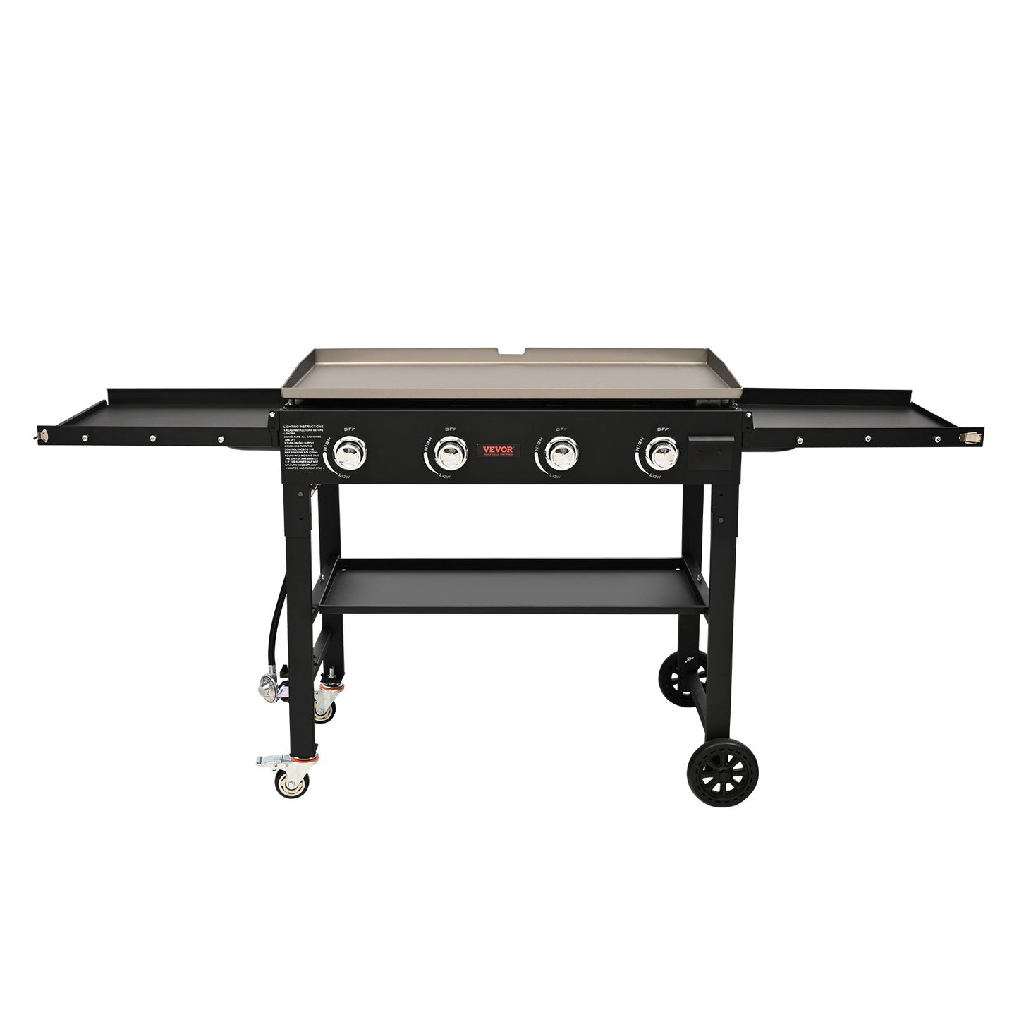 Commercial Griddle on Cart, 36" Heavy Duty Manual Flat Top Griddle, Outdoor Cooking Station with Side Shelves, Steel Propane Gas Griddle, 4-Burners Restaurant Portable Tested toStandards