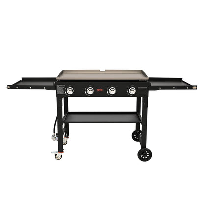 Commercial Griddle on Cart, 36" Heavy Duty Manual Flat Top Griddle, Outdoor Cooking Station with Side Shelves, Steel Propane Gas Griddle, 4-Burners Restaurant Portable Tested toStandards