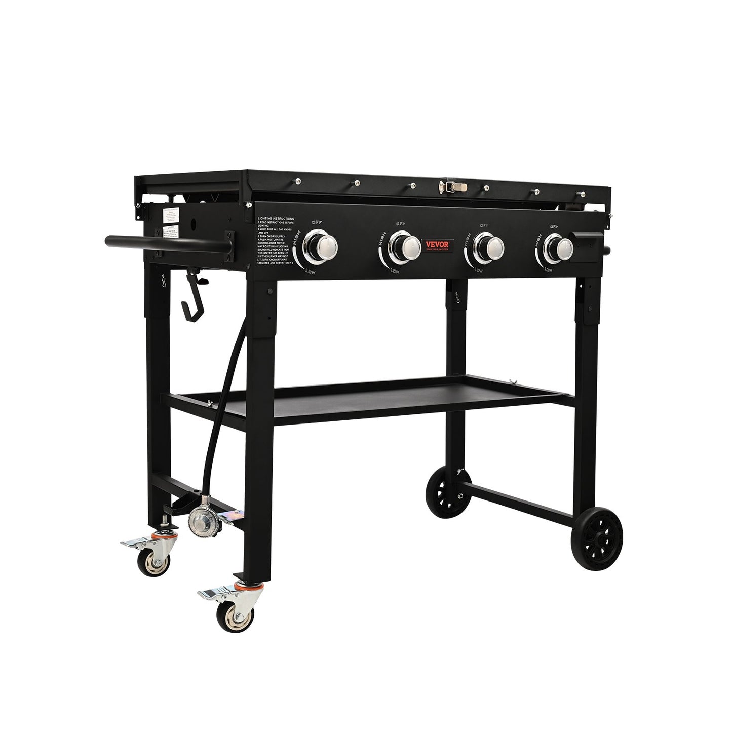 Commercial Griddle on Cart, 36" Heavy Duty Manual Flat Top Griddle, Outdoor Cooking Station with Side Shelves, Steel Propane Gas Griddle, 4-Burners Restaurant Portable Tested toStandards